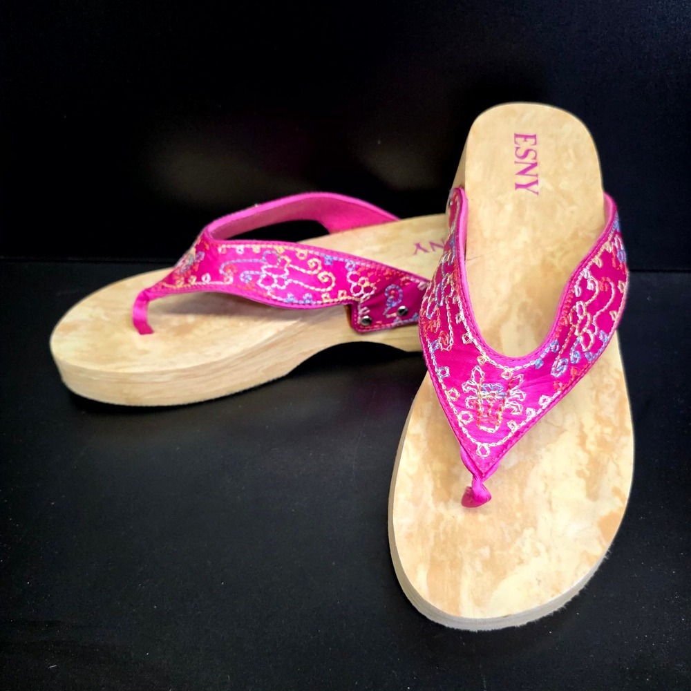 ESNY Platform Sandals Womens 7 Pink Embroidered Floral Wood Grain Y2K Boho Retro